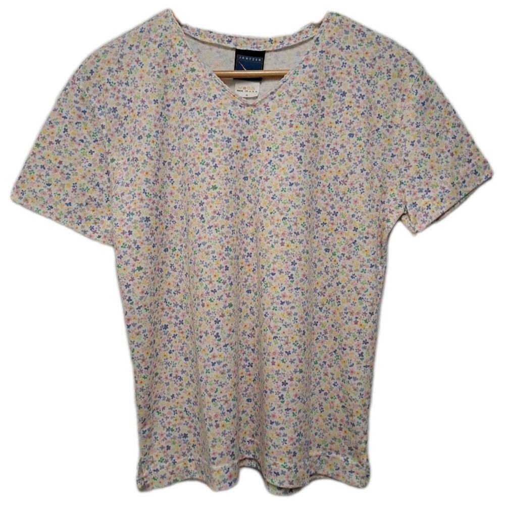 VTG Jantzen Classics Top Womens Medium M Pastel Ditsy Flower Print Tee Lace Trim